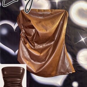 Brown Faux Leather Strapless Top